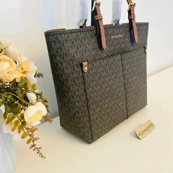 Michael Kors Jet Set Travel Tote Double Pocket Brown Signature MK - Picture 3 of 10